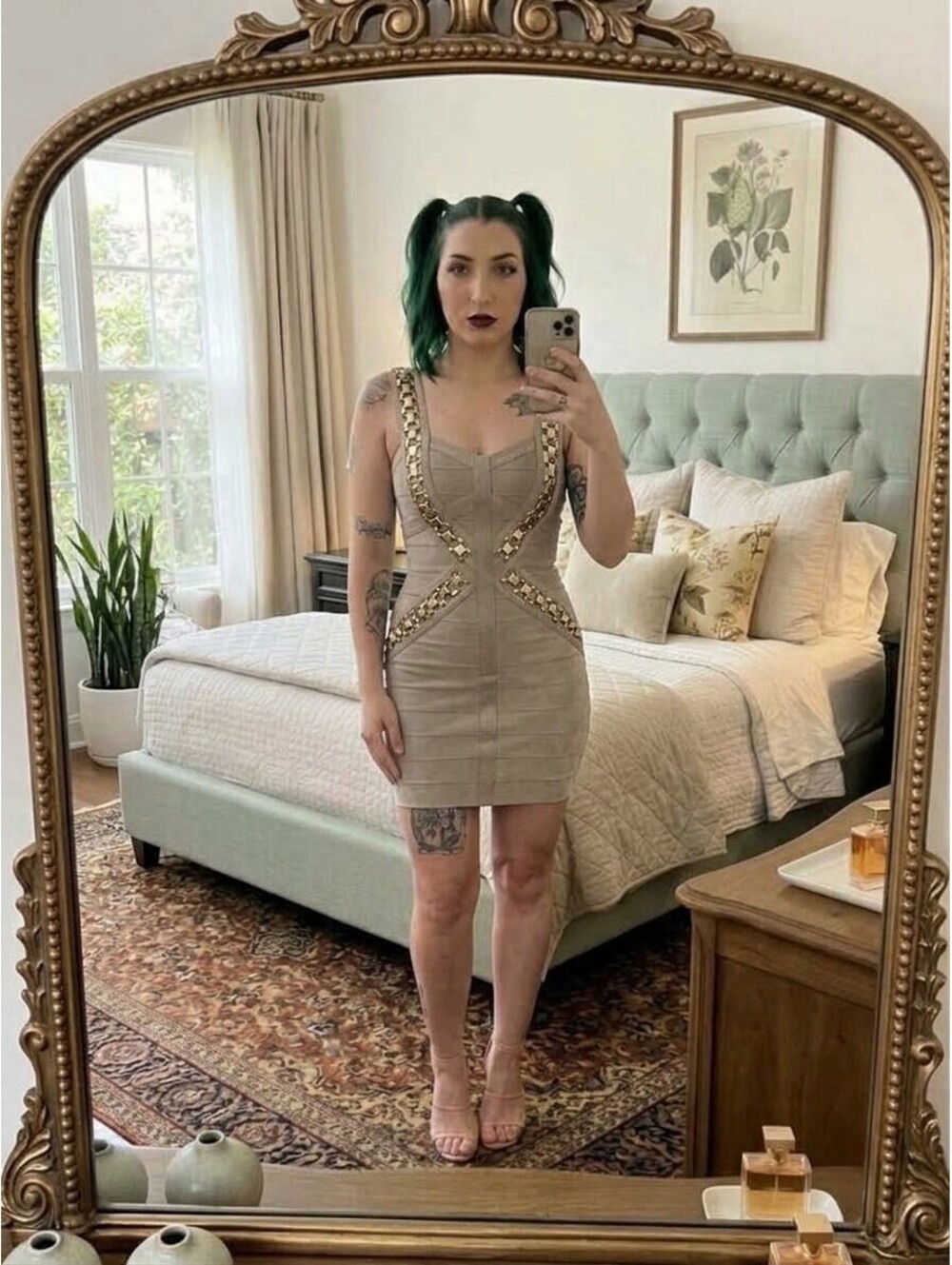 Studded Bandage Dress Beige Nude Metallic Embellished Size Small